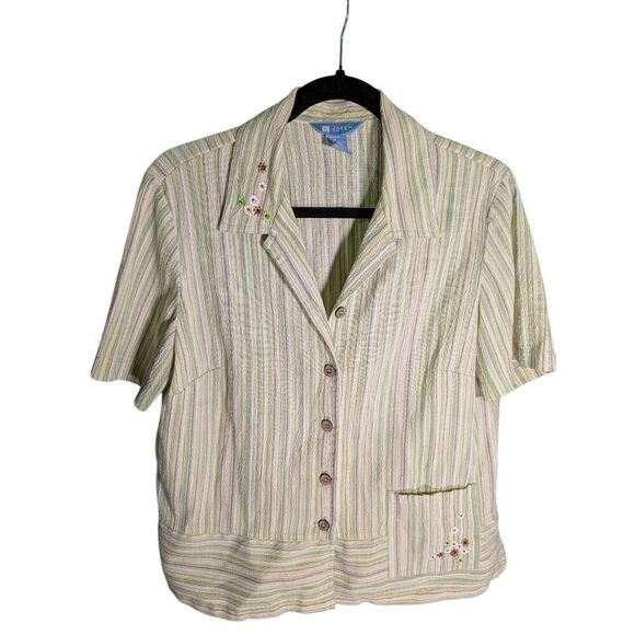 Koret Green Striped Embroidered Top Chest 48 Button Up Women's Size Medium - Picture 1 of 5